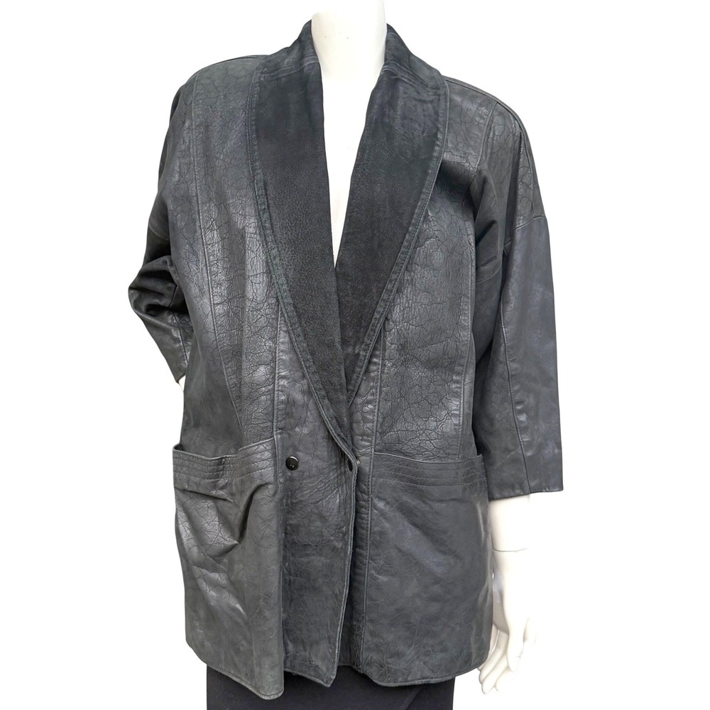 Vintage 80's Black Leather Jacket Shawl Collar 3/4 Sleeve Front Pockets Sz L